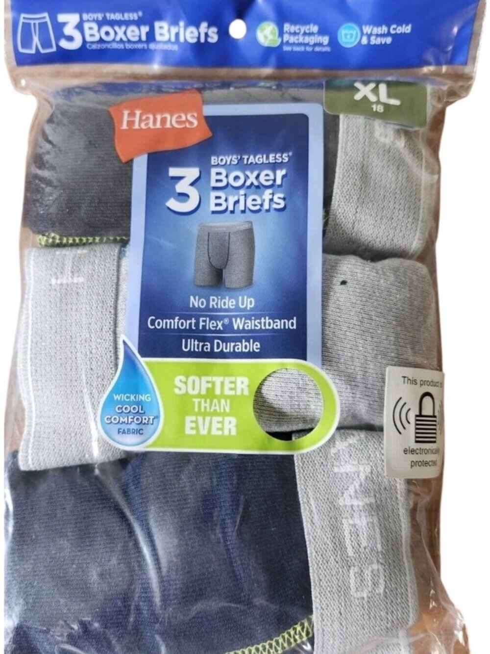 Boys Hanes Tagless Boxer Briefs Comfort Flex Waistband XL (18) 3-Pack BLK/GR BTS